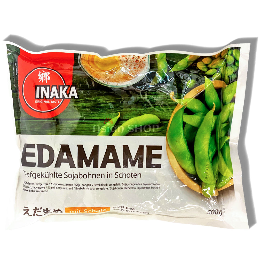 A 300g package of Inaka Edamame, featuring a white and green plastic bag with a red circular logo and images of fresh green edamame pods.