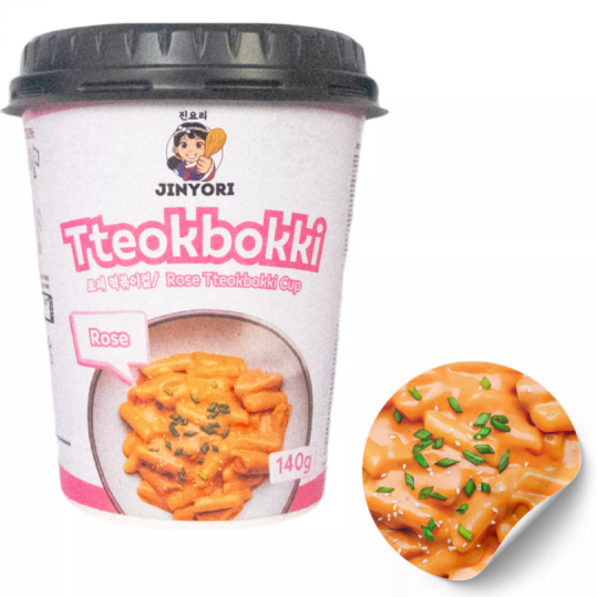 JINYORI Rose Tteokbokki 140g Cup of Jinyori Tteokbokki with rose flavor on a white background