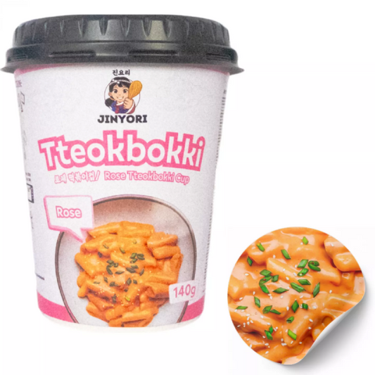 JINYORI Rose Tteokbokki 140g Cup of Jinyori Tteokbokki with rose flavor on a white background