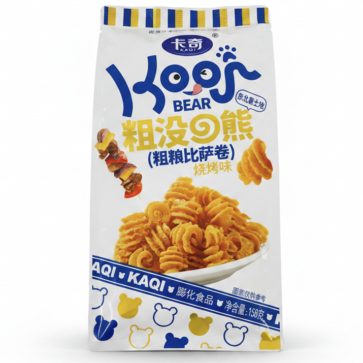 A bag of Kaqi Bear roasted curly pasta snacks, featuring a white package with blue and yellow branding, Chinese text, and an illustration of the golden-brown curly pasta.