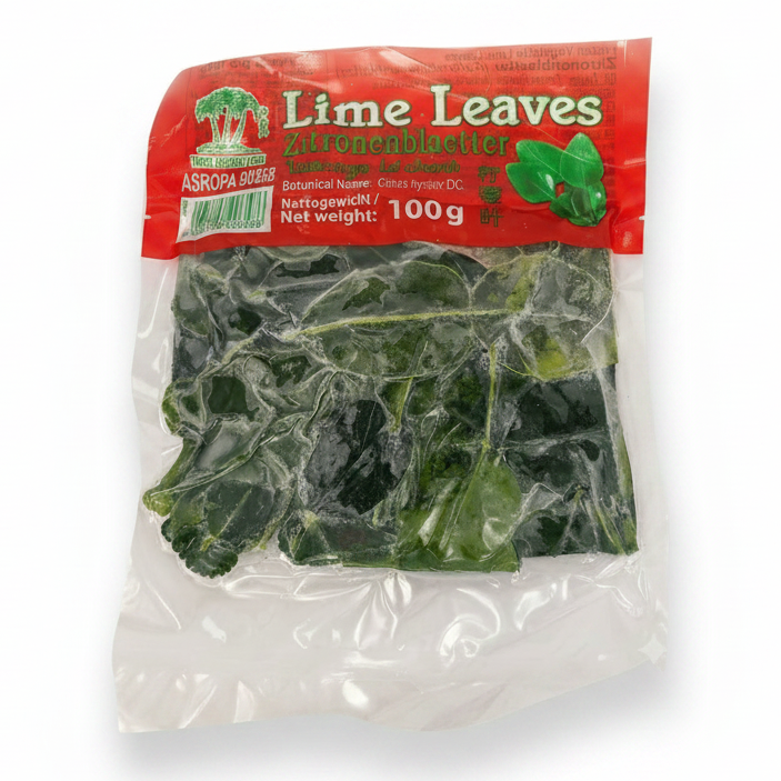A 100g vacuum-sealed package of ASROPAC Lime Leaves (Citrus hystrix) showing the dark green leaves inside a clear plastic bag with a red header label.