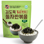 A green stand-up pouch of Korean seaweed snacks, featuring a bowl of seaweed rice and a spoonful of seaweed on the front. The brand name 'The 맛있는 돌자반복음' is printed in red and white text.