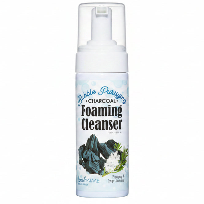 A bottle of LookKATME Bubble Purifying Charcoal Foaming Cleanser with a white pump dispenser and a label featuring charcoal and green tea illustrations, set against a plain white background.