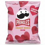 A bag of Pringles Heart Minis Rose, featuring the iconic Pringles mascot on a pink background decorated with red heart-shaped potato chips and a red 'Limited Edition' badge.