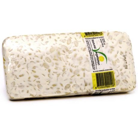Block of tofu with a label on a white background
