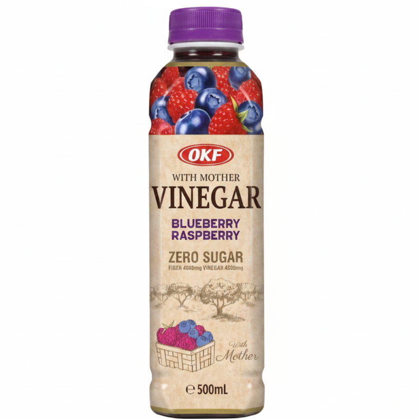 A 500mL bottle of OKF With Mother Vinegar in Blueberry Raspberry flavor, featuring a beige label with illustrations of blueberries and raspberries, a purple cap, and a clear plastic bottle showing the dark liquid inside.