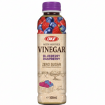 A 500mL bottle of OKF With Mother Vinegar in Blueberry Raspberry flavor, featuring a beige label with illustrations of blueberries and raspberries, a purple cap, and a clear plastic bottle showing the dark liquid inside.