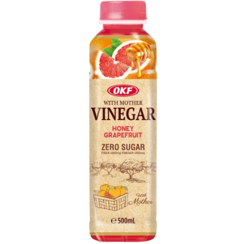 A 500ml bottle of OKF With Mother Vinegar Honey Grapefruit Zero Sugar on a plain white background.