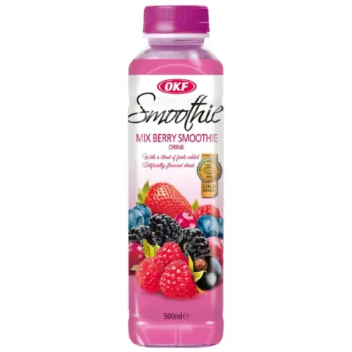 A 350ml bottle of OKF Smoothie Mix Berry Smoothie drink, featuring a pink cap and a label with illustrations of fresh berries, set against a plain white background.