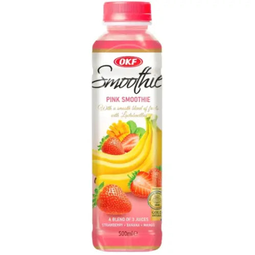 A 500ml bottle of OKF Smoothue Pink Smoothie juice, featuring a white label with illustrations of strawberries, bananas, and orange slices, topped with a pink cap, on a solid white background.