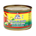 A 160g can of Por Kwan Minced Crab in Spices, featuring a yellow label with red and green borders, chili peppers, and a garlic clove illustration.