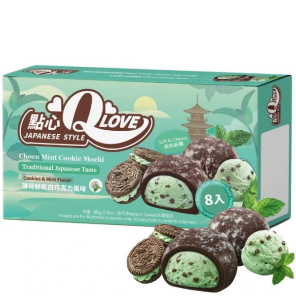 QLove Choco Mint Cookie Mini Mochi 80g/ QLove šokolādes–piparmētru cepumu mini moči 80 g QLove