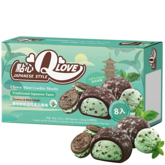 QLove Choco Mint Cookie Mini Mochi 80g/ QLove šokolādes–piparmētru cepumu mini moči 80 g QLove