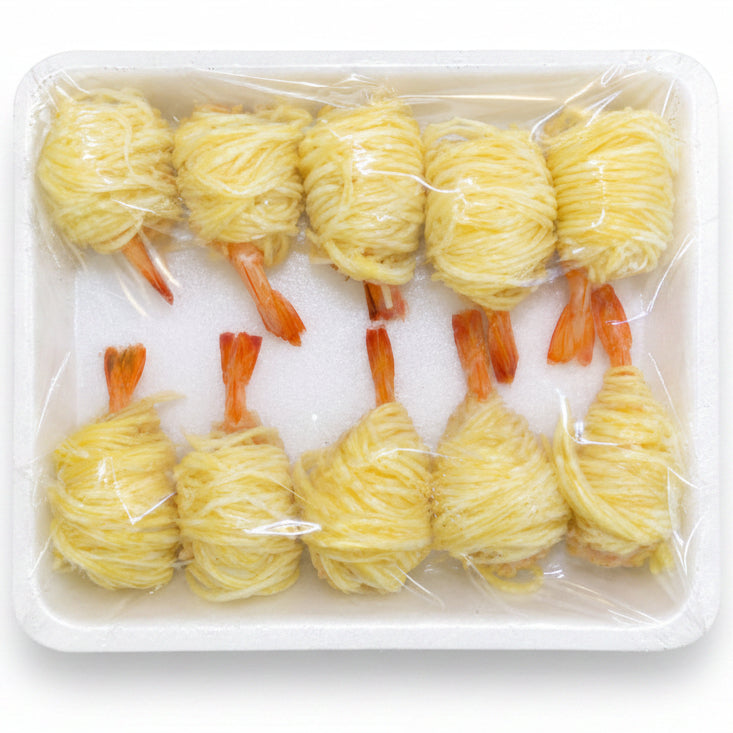 Ten small shrimp cocktail skewers wrapped in pale yellow sauce, arranged in a white styrofoam tray and covered with clear plastic wrap, shown against a white background.