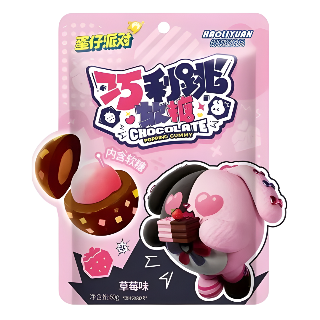 Egg Party strawberry and dark chocolate popping jellies 60g/ Egg Party zemeņu un tumšās šokolādes sprēgājošās želejas 60g