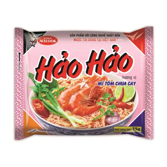 ACECOOK Hao Hao Hot-Sour Shrimp Flavour 77g/	ACECOOK Hao Hao pikanti-skābās garneļu garšas 77g - Oishii Asian Mart