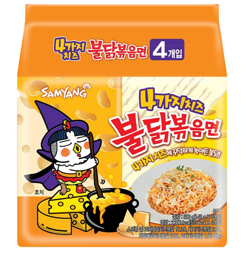 Samyang Buldak Quattro Cheese Hot Chicken Flavor 140g (4x130g)/ Samyang Buldak Kvatro Siera Assas Vistas Garšas Nūdeles 140g (4x130g)