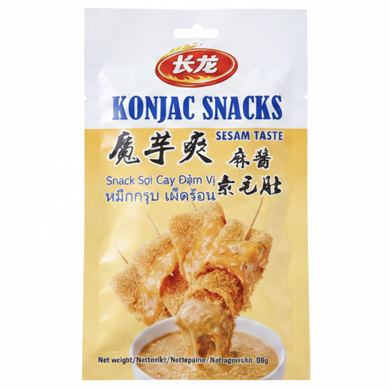 A package of Konjac Snacks Sesam Taste (Sesame Taste) featuring golden-brown fried sticks coated in sesame paste, shown on a white and yellow background with the brand logo in red and blue.