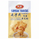 A package of Konjac Snacks Sesam Taste (Sesame Taste) featuring golden-brown fried sticks coated in sesame paste, shown on a white and yellow background with the brand logo in red and blue.