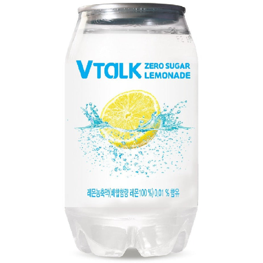 A clear plastic can of VTALK Zero Sugar Lemonade, featuring a white label with a blue and yellow lemon graphic and Korean text, set against a plain white background.