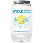A clear plastic can of VTALK Zero Sugar Lemonade, featuring a white label with a blue and yellow lemon graphic and Korean text, set against a plain white background.