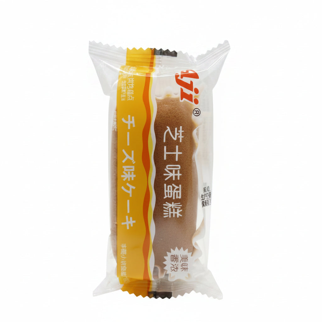 A packaged Japanese chocolate cake biscuit, featuring a brown cake inside a clear plastic wrapper with a yellow and white label and red 'uji' branding.