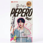 A package of Lotte x Stray Kids 'Pepero' white cookie crackers, featuring a colorful design with a photo of the member J-HO, a large black 'PEPERO' logo, and a gold 'No.1 in Korea' seal.