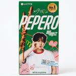 A box of Lotte x Stray Kids Pepero Almond chocolate sticks, featuring a green background with a photo of Billlie, pink heart graphics, and a gold 'No.1 in Korea' seal.