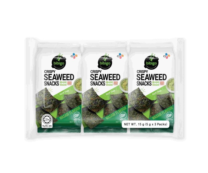 BIBIGO Crispy Seaweed Snacks Wasabi Flavour 15g (5gx3)/ BIBIGO Kraukšķīgās Jūraszāļu Uzkodas Wasabi Garša 15g (5g x 3)